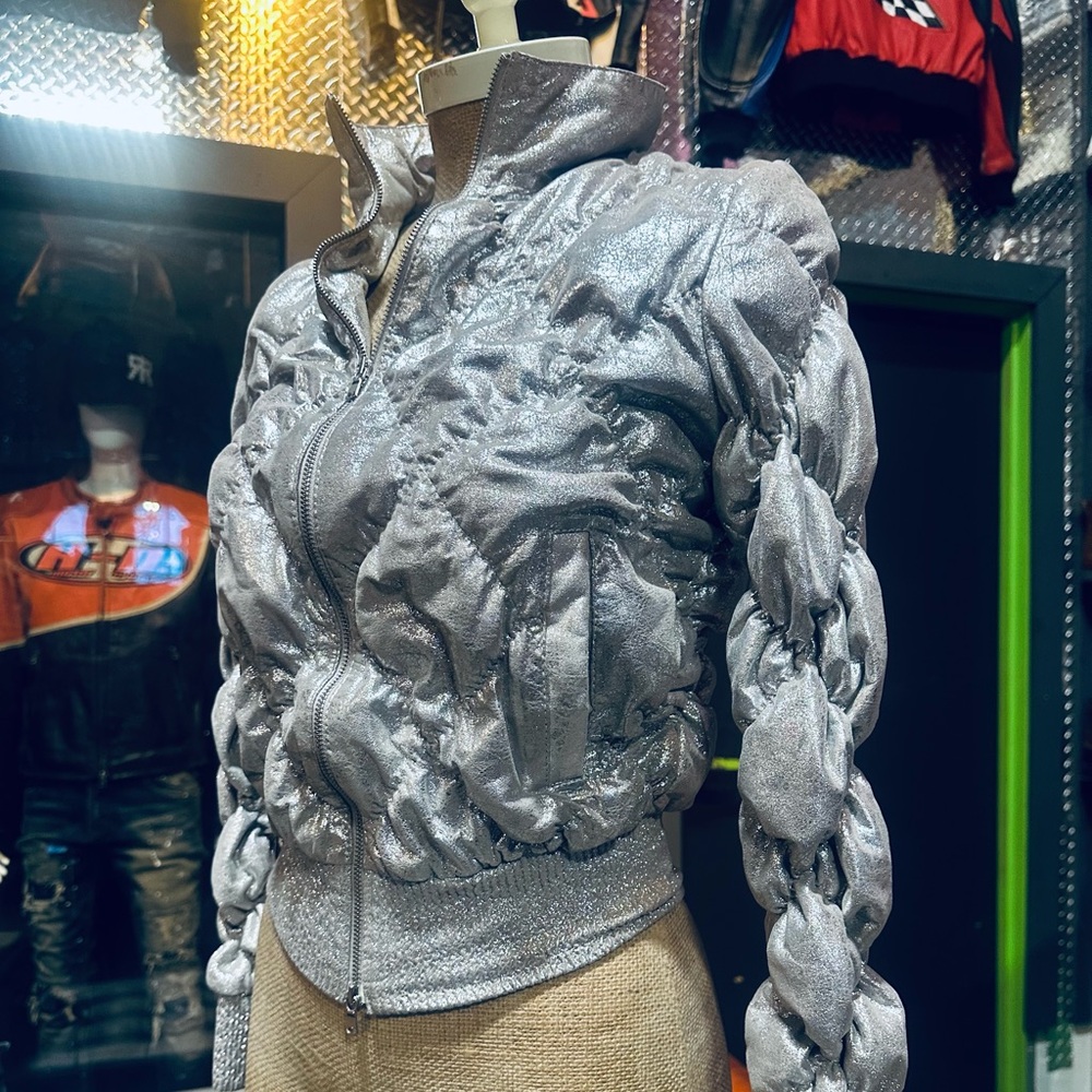 Fancy James Boutique Silver Metallic Tufted Bunched Lamb Leather Jacket